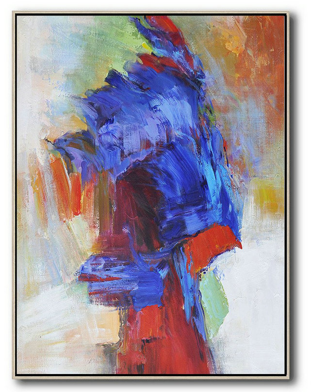Vertical Palette Knife Contemporary Art,Hand Paint Large Clean Modern Art,Blue,Red,White,Orange,Brown